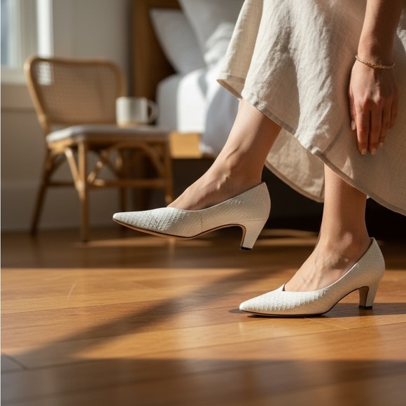 Vintage Shoes - Thomas Wallace Vintage Cream Snakeskin Kitten Heel Pumps - Size 7 1/2